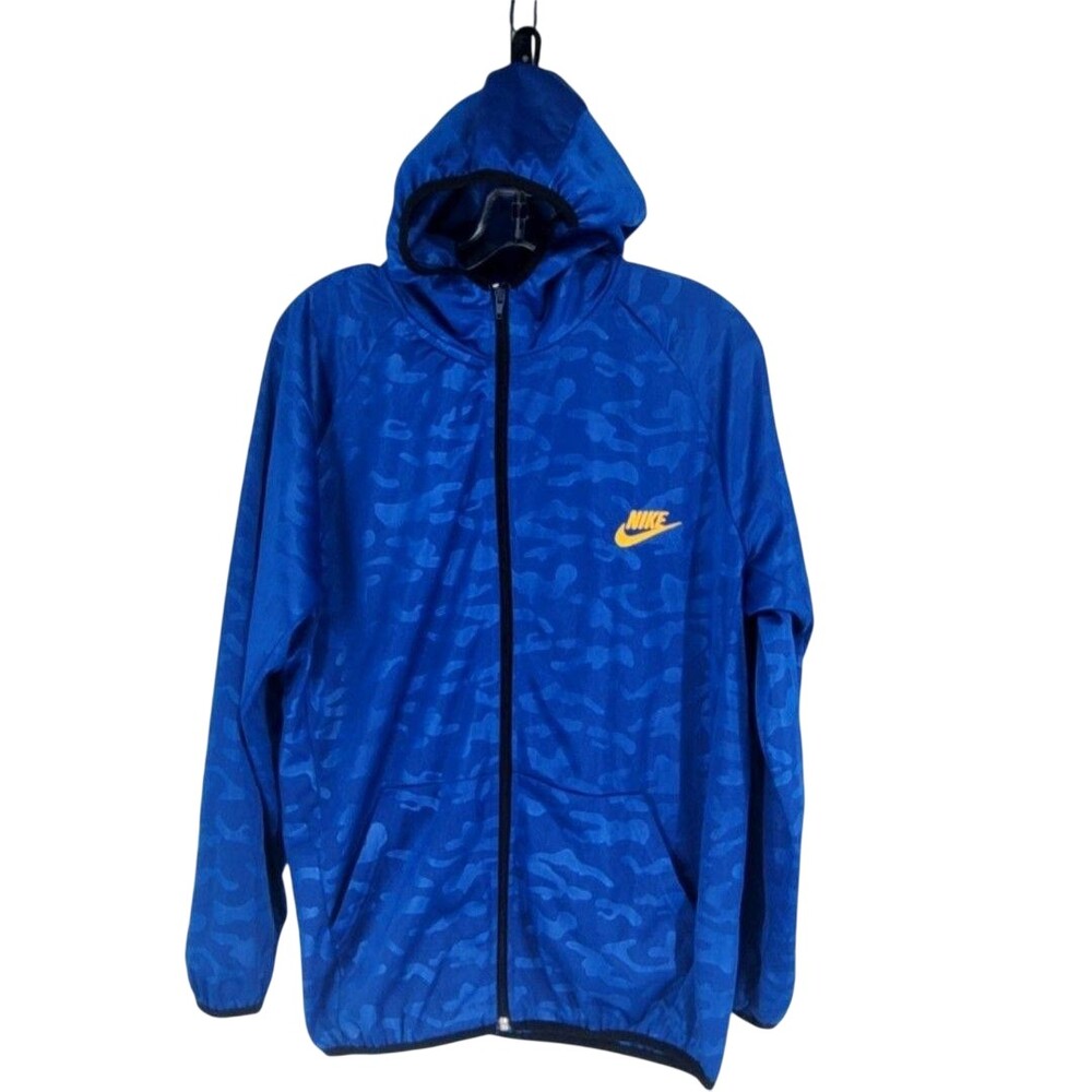 Nike Jacket Mens Large Blue Camo Hooded Full Zip Fleece Lined Windbreaker